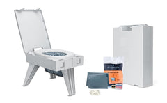 Cleanwaste GO Anywhere toilet shown during setup at a campsite for quick use.