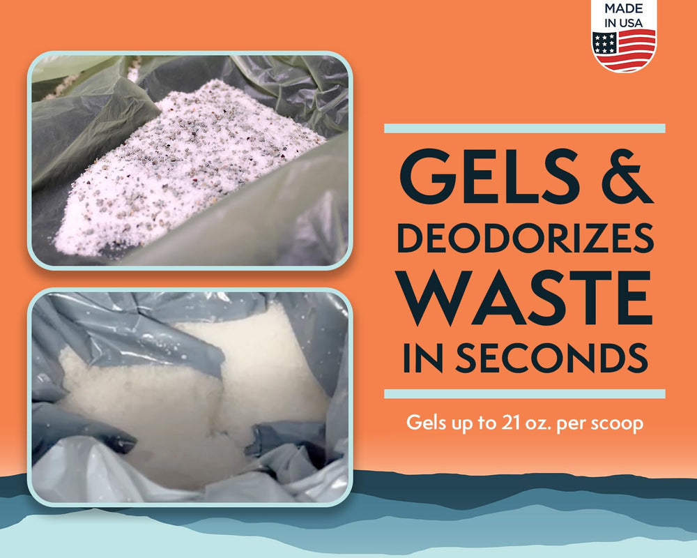 Cleanwaste mini poo powder gelling action closeup shows rapid solidification for field use.