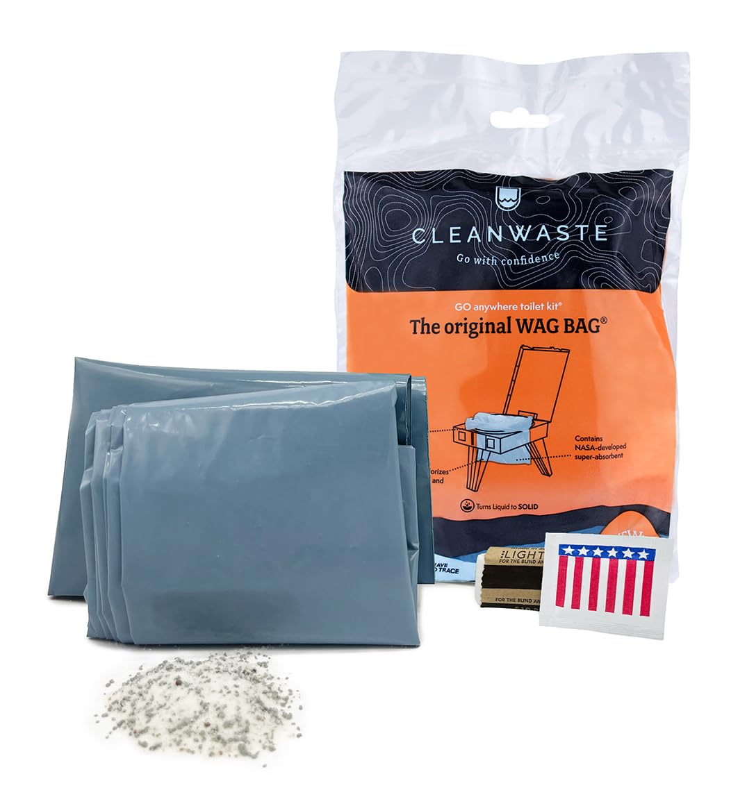 Cleanwaste Original WAG BAG 50-pack kit shown in packaging for portable camping sanitation