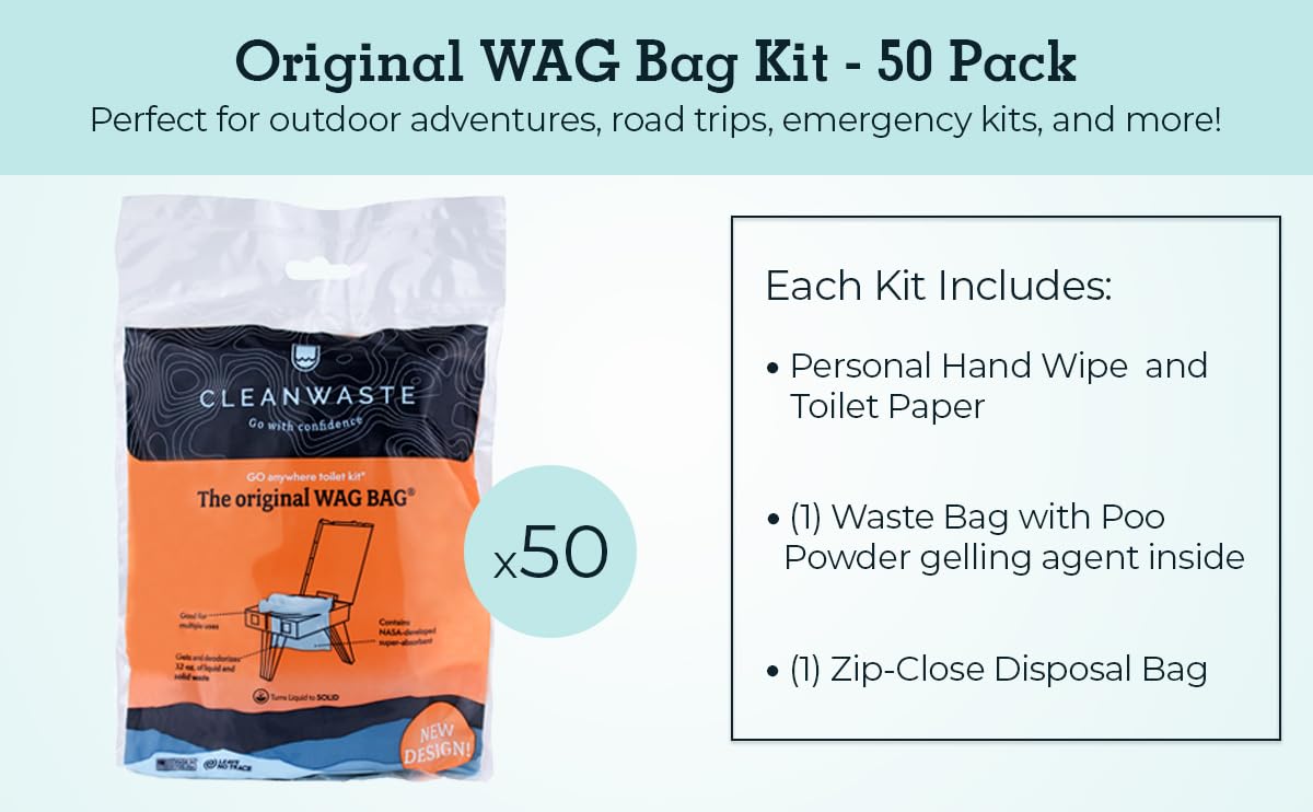 Cleanwaste Original WAG BAG contents laid out with gelling powder and wipes