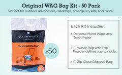 Cleanwaste Original WAG BAG contents laid out with gelling powder and wipes