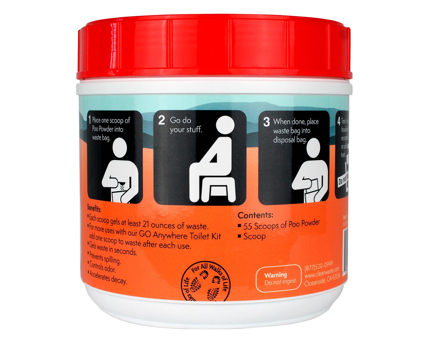 Cleanwaste poo powder packaging and instructions highlight simple setup for quick use.
