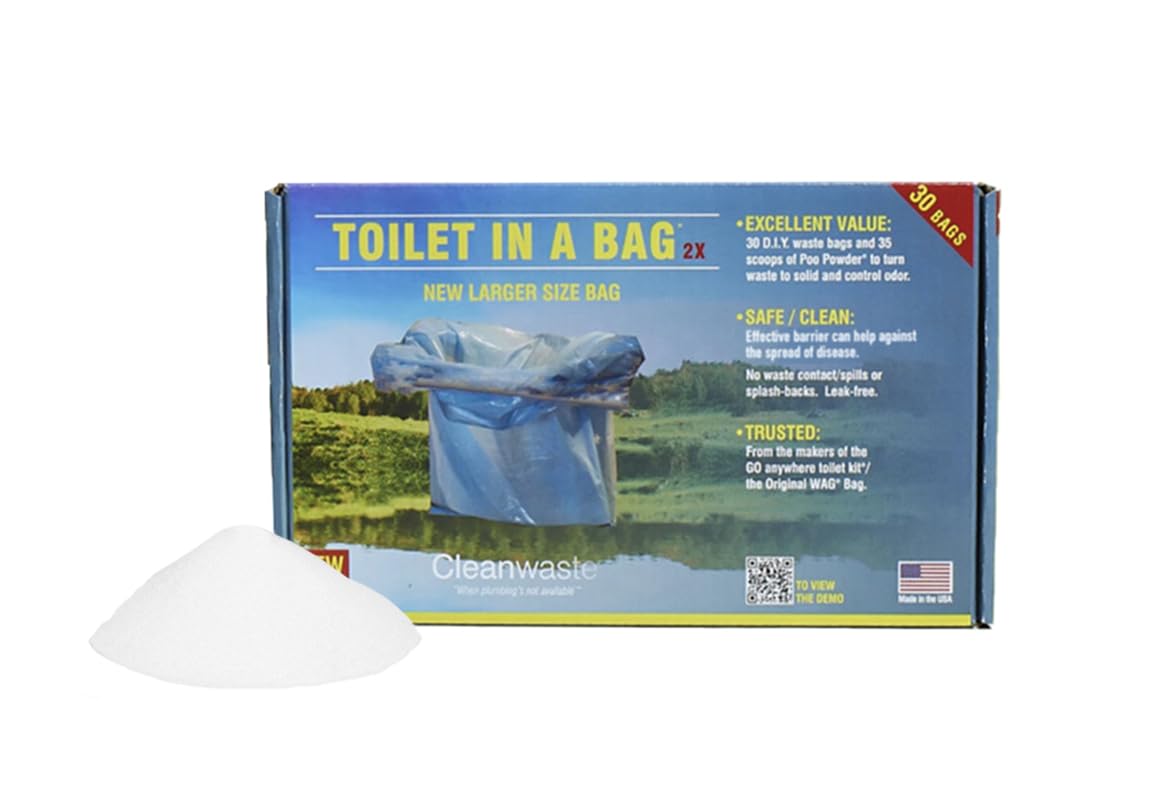 Cleanwaste Toilet-in-a-Bag 30 Pack box, compact and travel-ready.