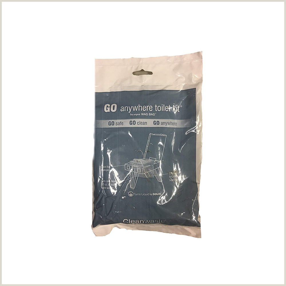 Cleanwaste Wag Bags contents laid out, featuring gel powder and disposal bags for quick setup.
