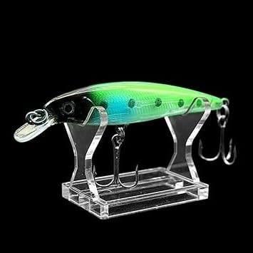 Clear acrylic fishing lure display stand on counter for retail use