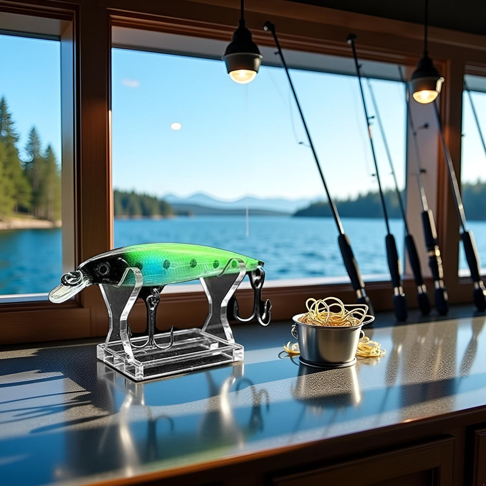 Angled display surface showcasing fishing lures