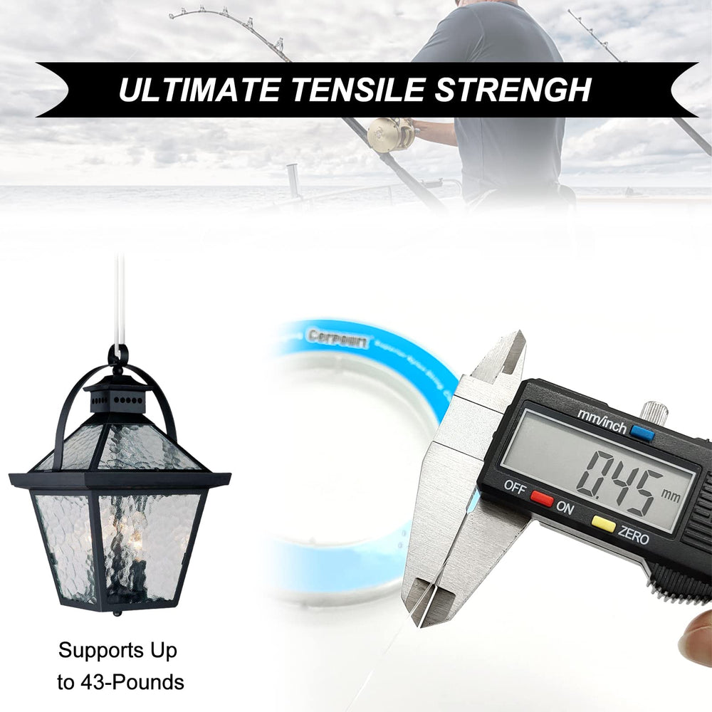 Clear fishing wire holds up to 43lbs for hanging decorations