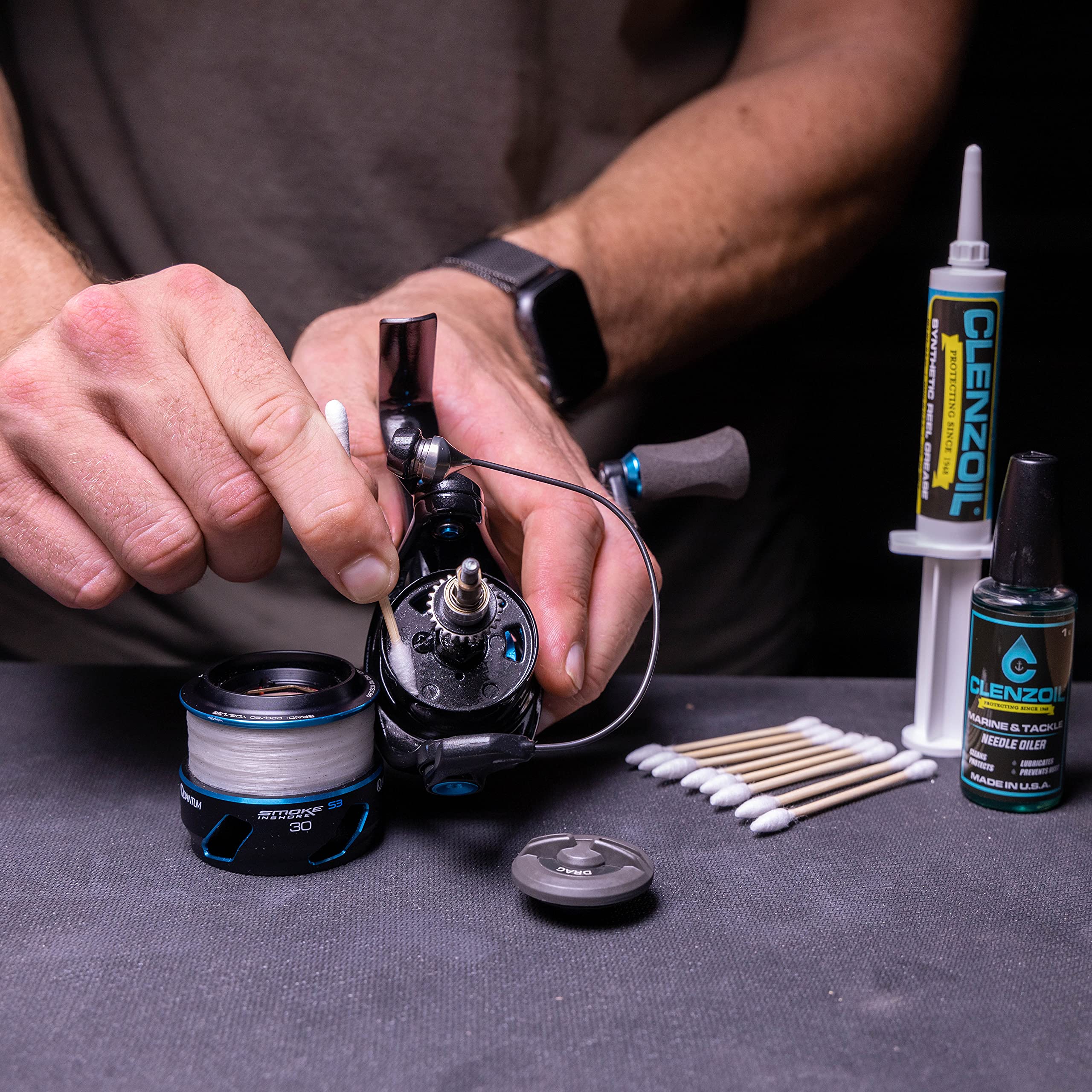 Fully assembled Clenzoil Marine & Tackle Reel Care Kit in packaging