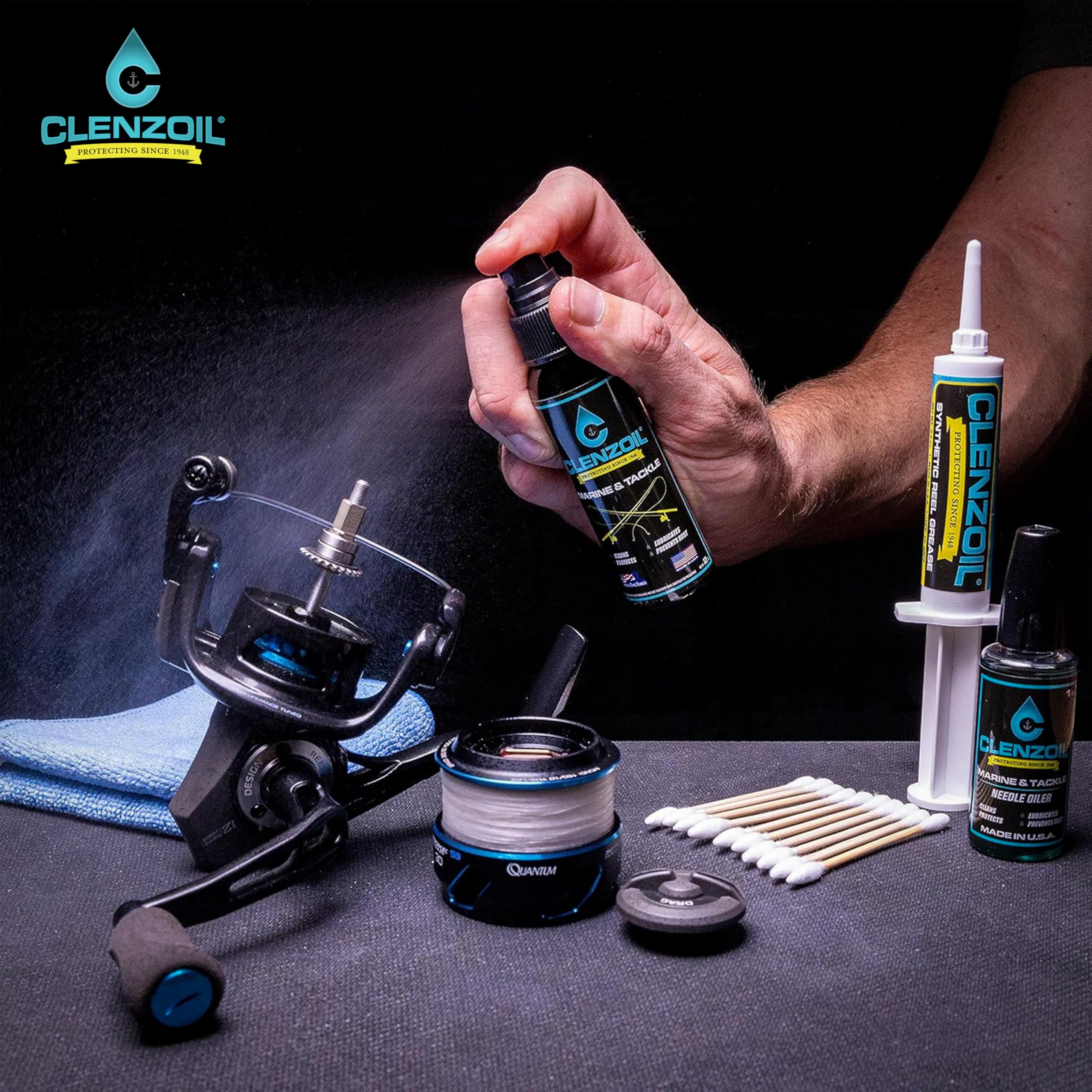 Clenzoil reel care kit in use on a spinning reel