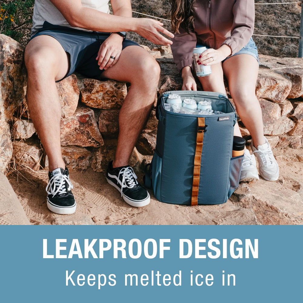 CleverMade Tahoe Backpack Cooler side pocket showing water bottle storage.