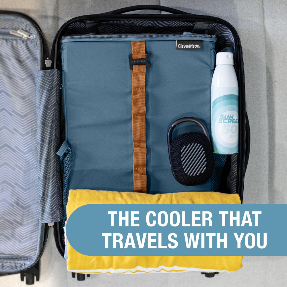 CleverMade Tahoe Backpack Cooler ready for transport on hikes and beach days.