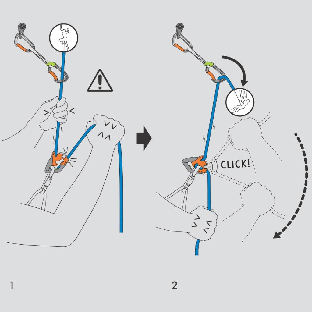 Climbing Technology Click-UP+ in-use belay with both hands free