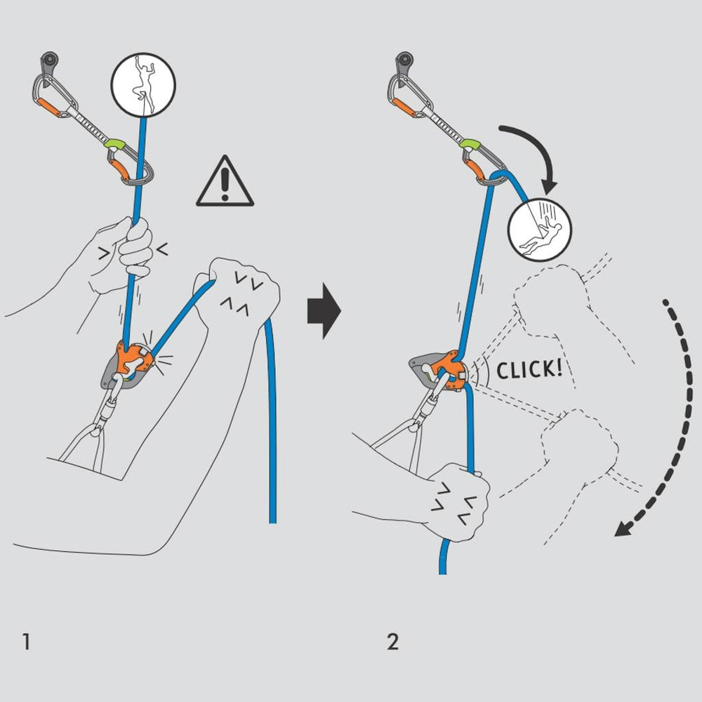 Climbing Technology Click-UP+ in-use belay with both hands free