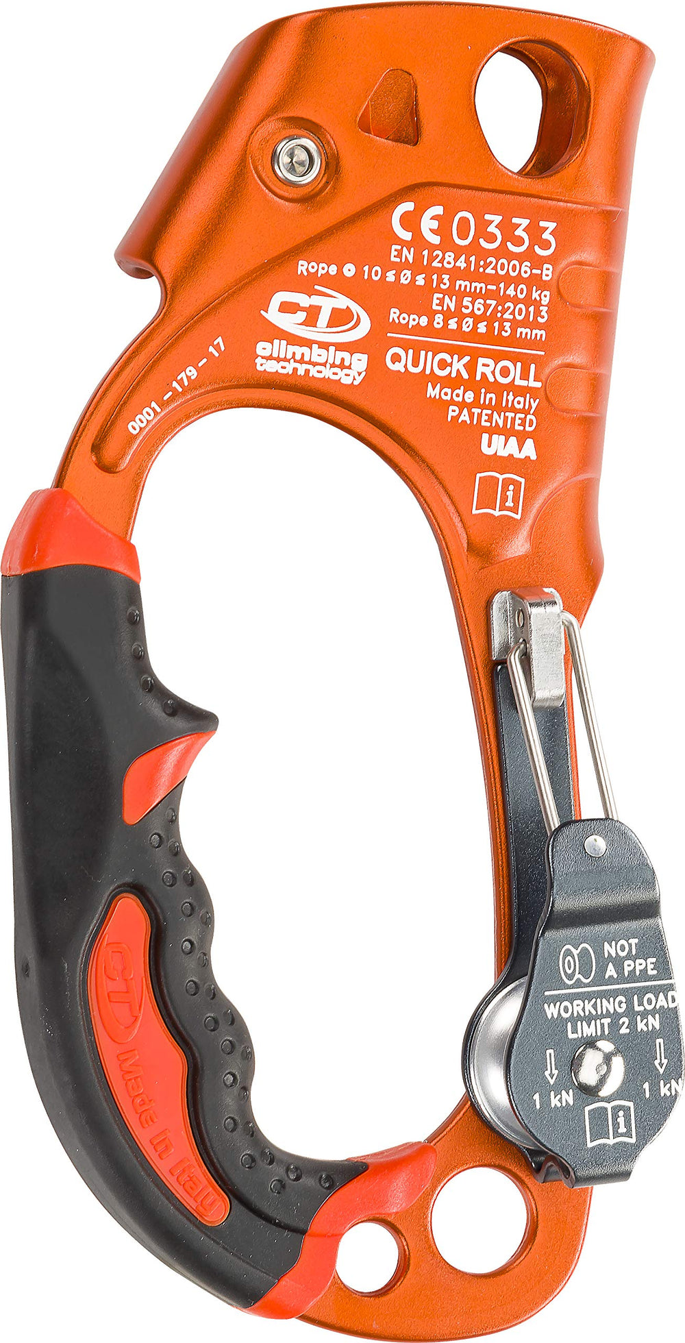 Climbing Technology Quick Roll Ascender with orange right-hand handle for efficient rope ascents.