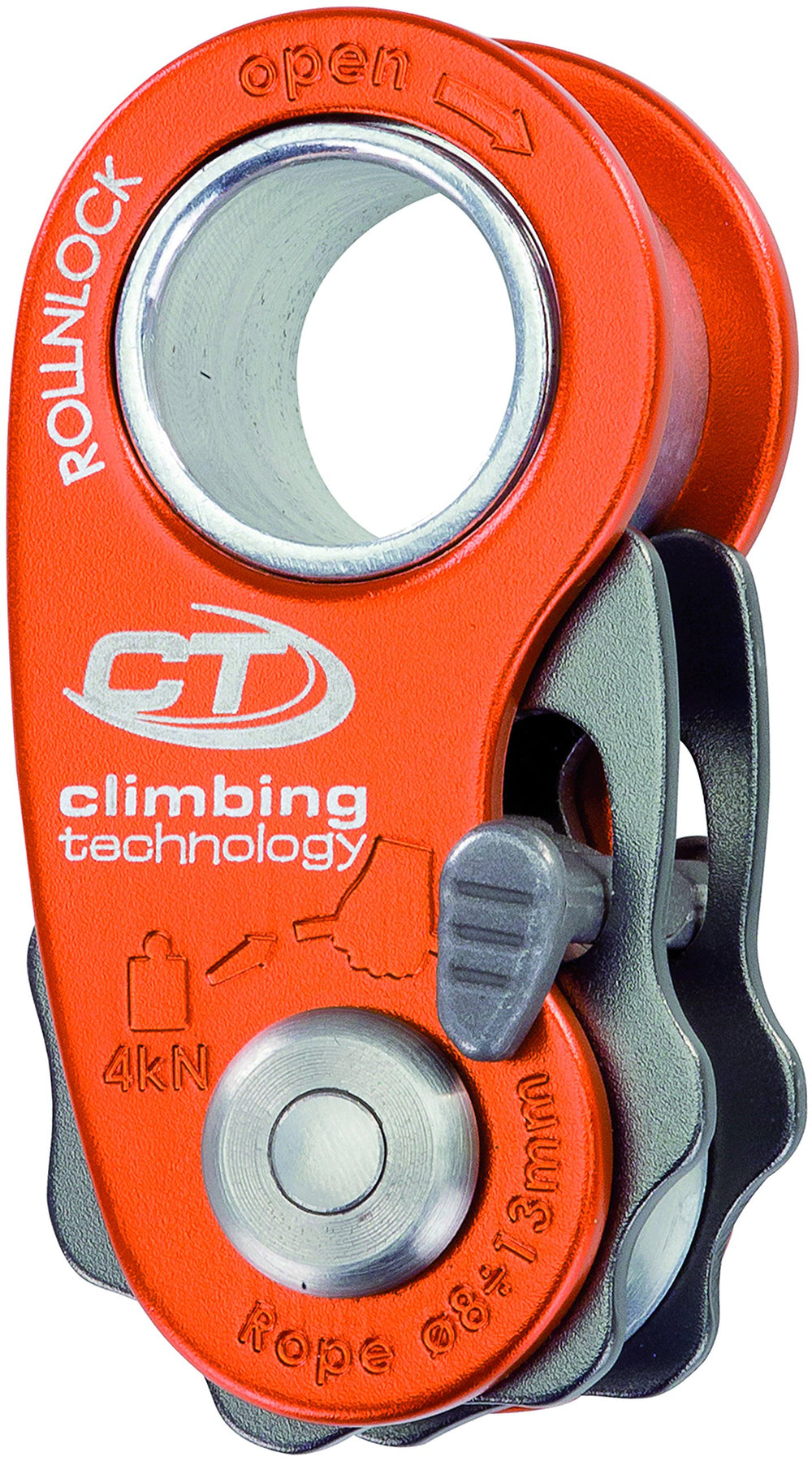 Climbing Technology RollnLock orange pulley, front view, ultralight rope management.