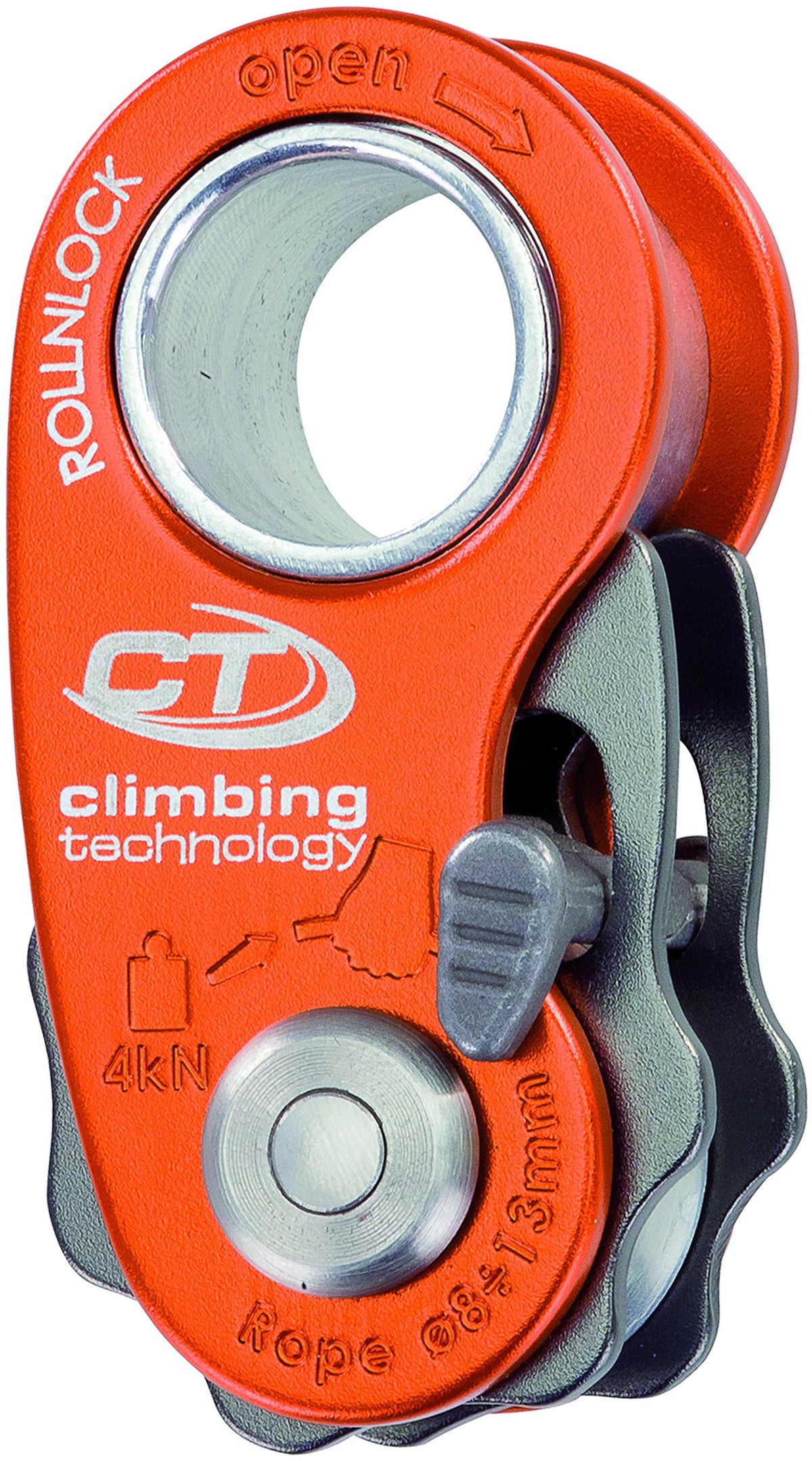 Climbing Technology RollnLock orange pulley, front view, ultralight rope management.
