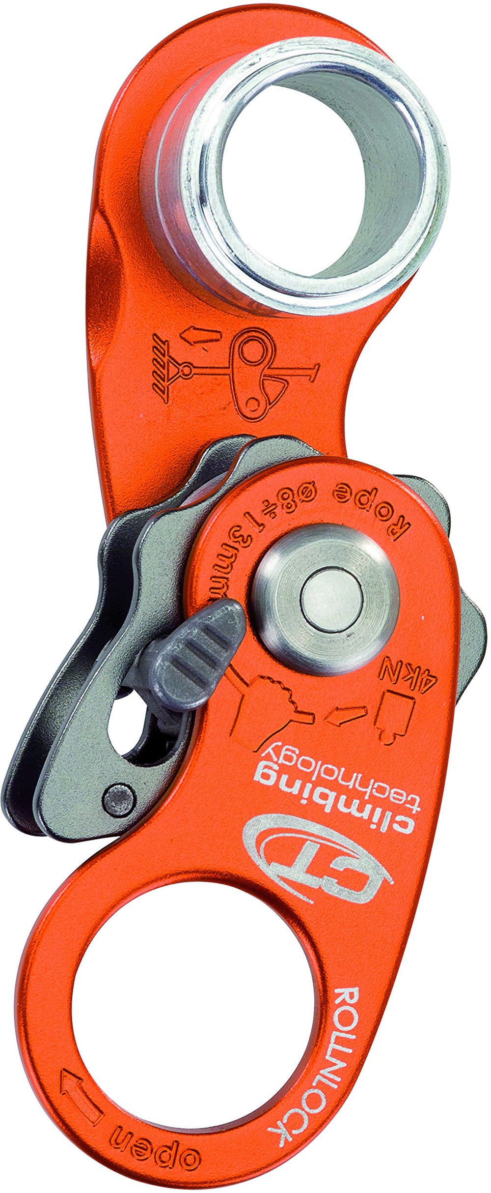Climbing Technology RollnLock orange pulley, side view, compact ascender setup.