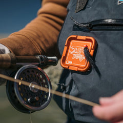 Cling Fishing Mag Grab Plus worn on vest demonstrates hands-free fly patch storage during casting.