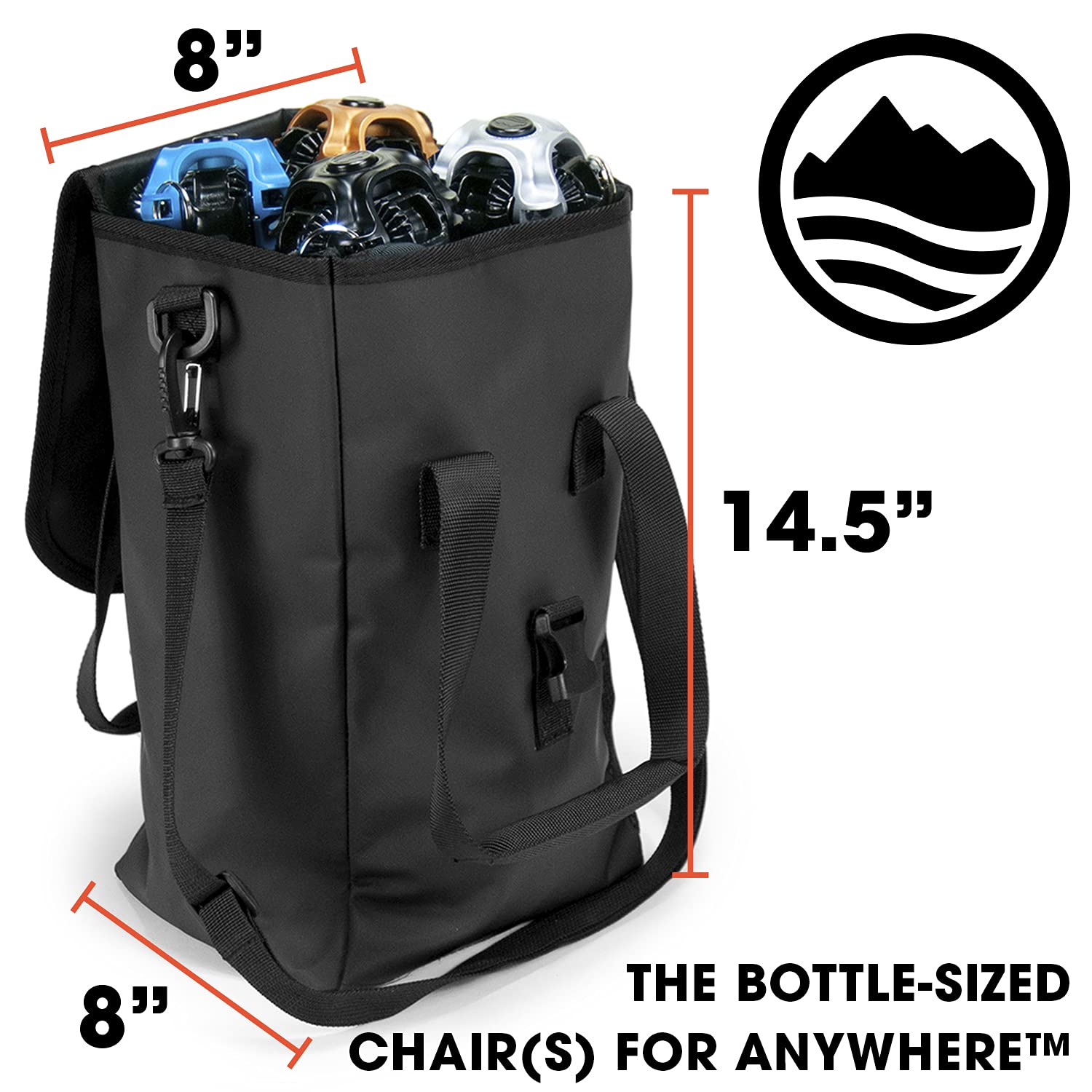 CLIQ chair bag features a carry handle and adjustable shoulder strap for hands-free transport.