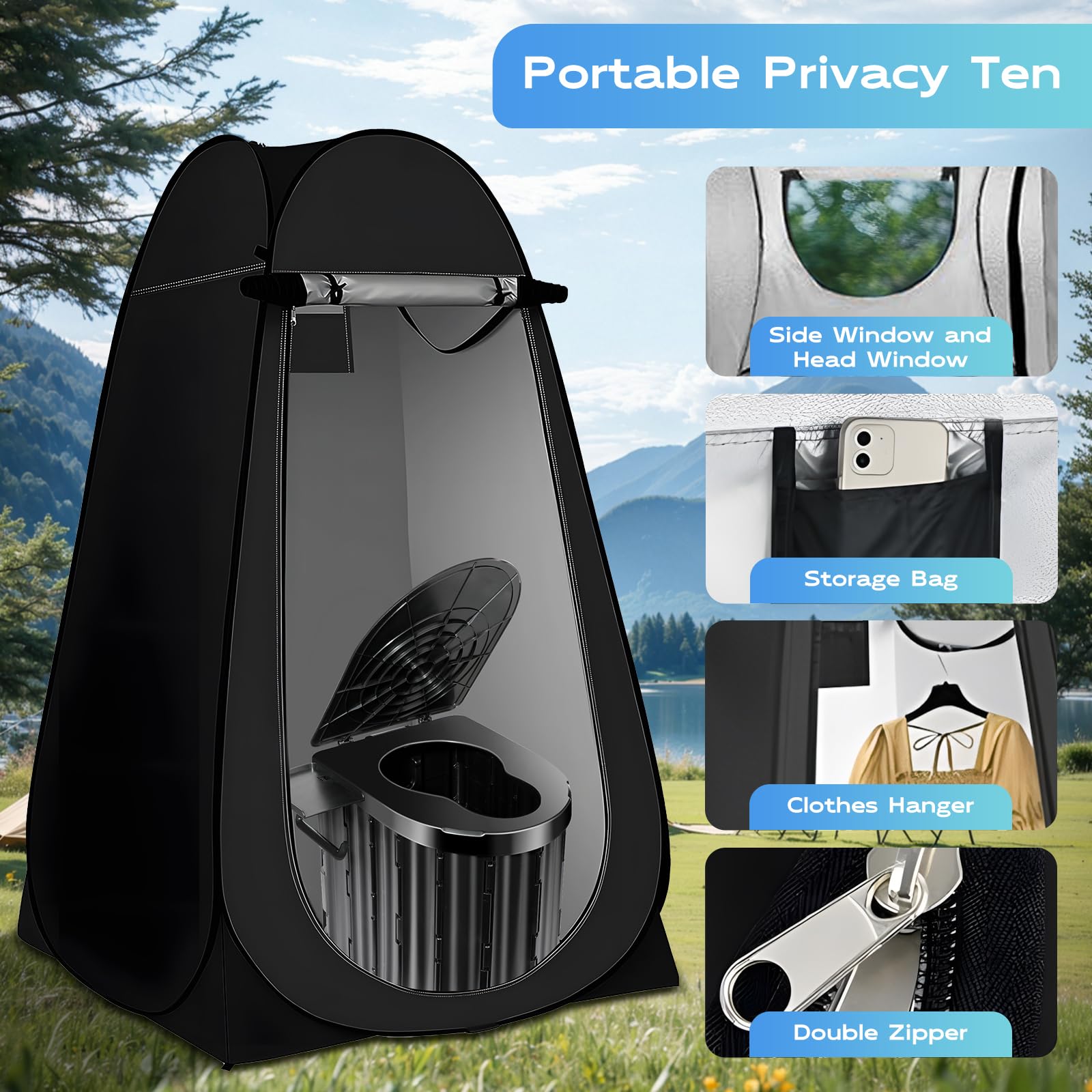 Clirass camping toilet in use for shower or changing outdoors.
