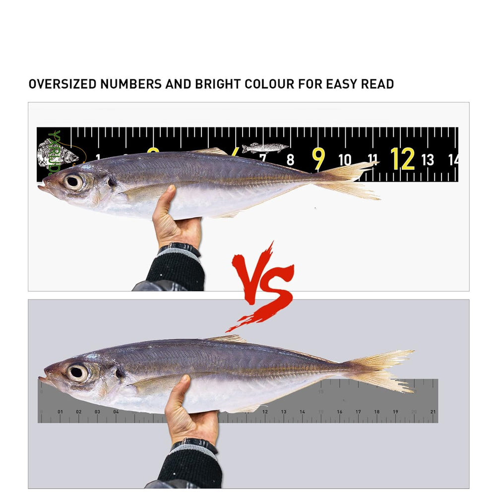 Close-up of waterproof self-adhesive fishing ruler on workbench or cooler