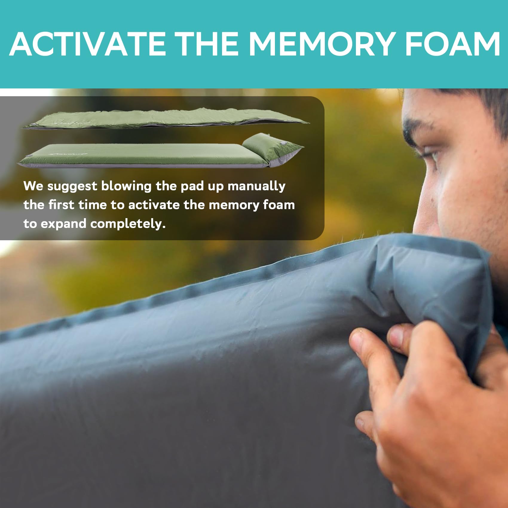 Clostnature self-inflating sleeping pad with 3in memory foam for durable support on uneven ground.