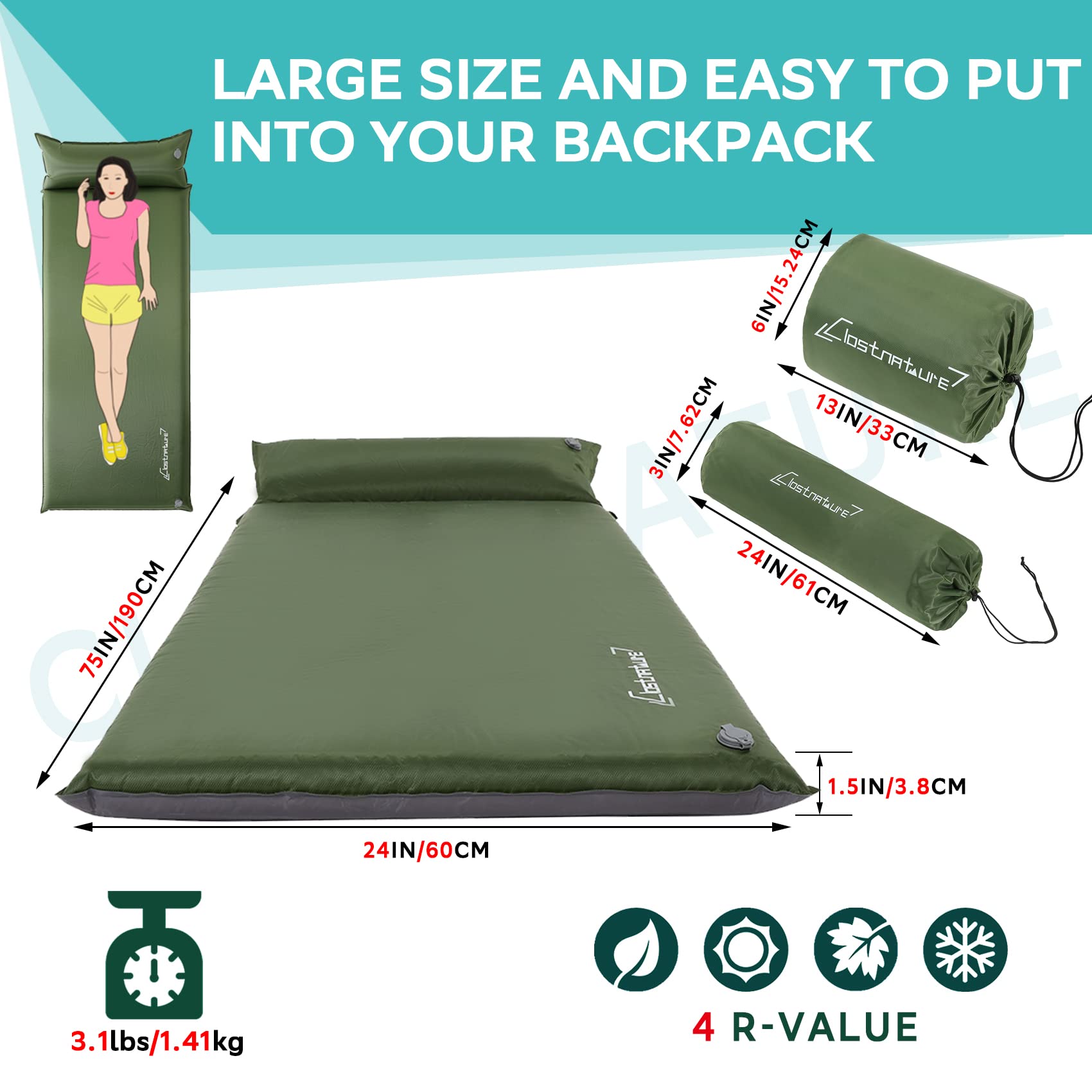 Clostnature self-inflating sleeping pad rolled pack is portable for lightweight camping