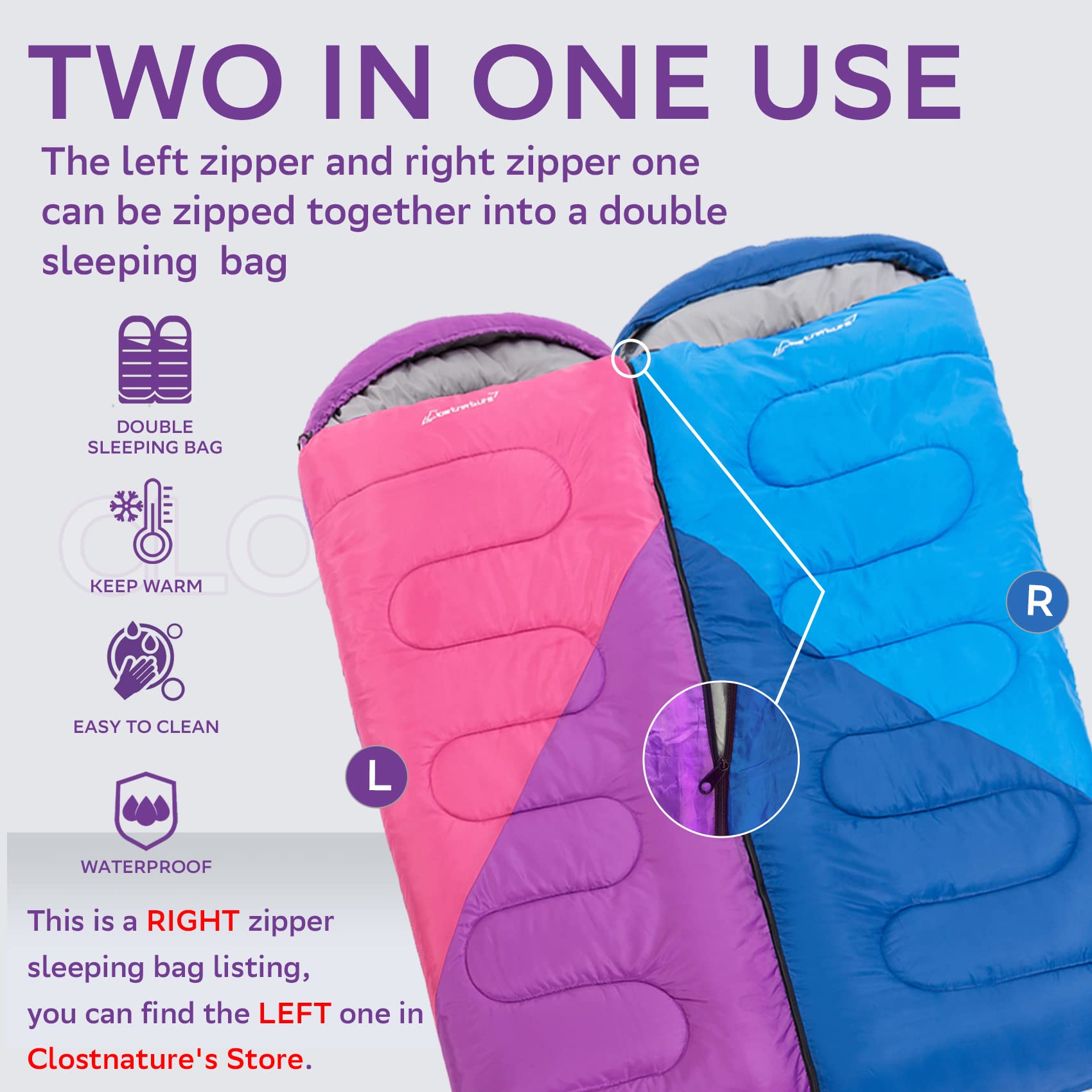 Clostnature sleeping bag zipper ventilation bottom image emphasizes bottom separation for adjustable airflow