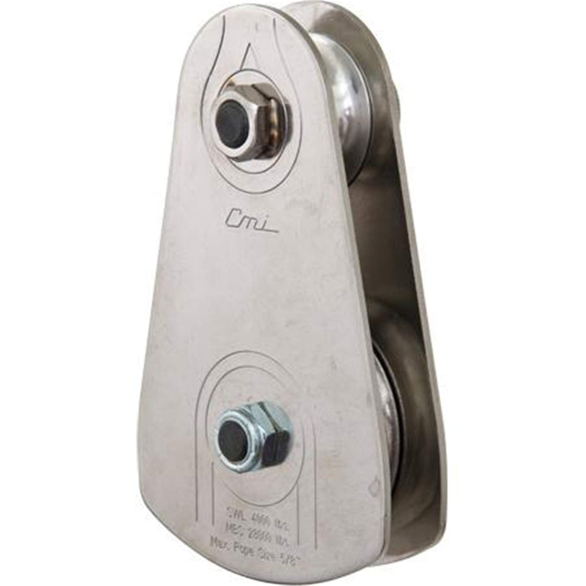CMI Arborist Pulley 5/8 rope front view shows stainless side plates for durable rigging
