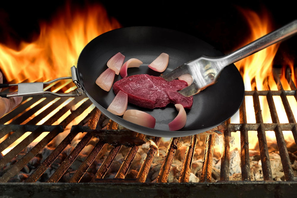 CNEIESD carbon steel skillet, 9.5 inches, delivers even heat for searing outdoors