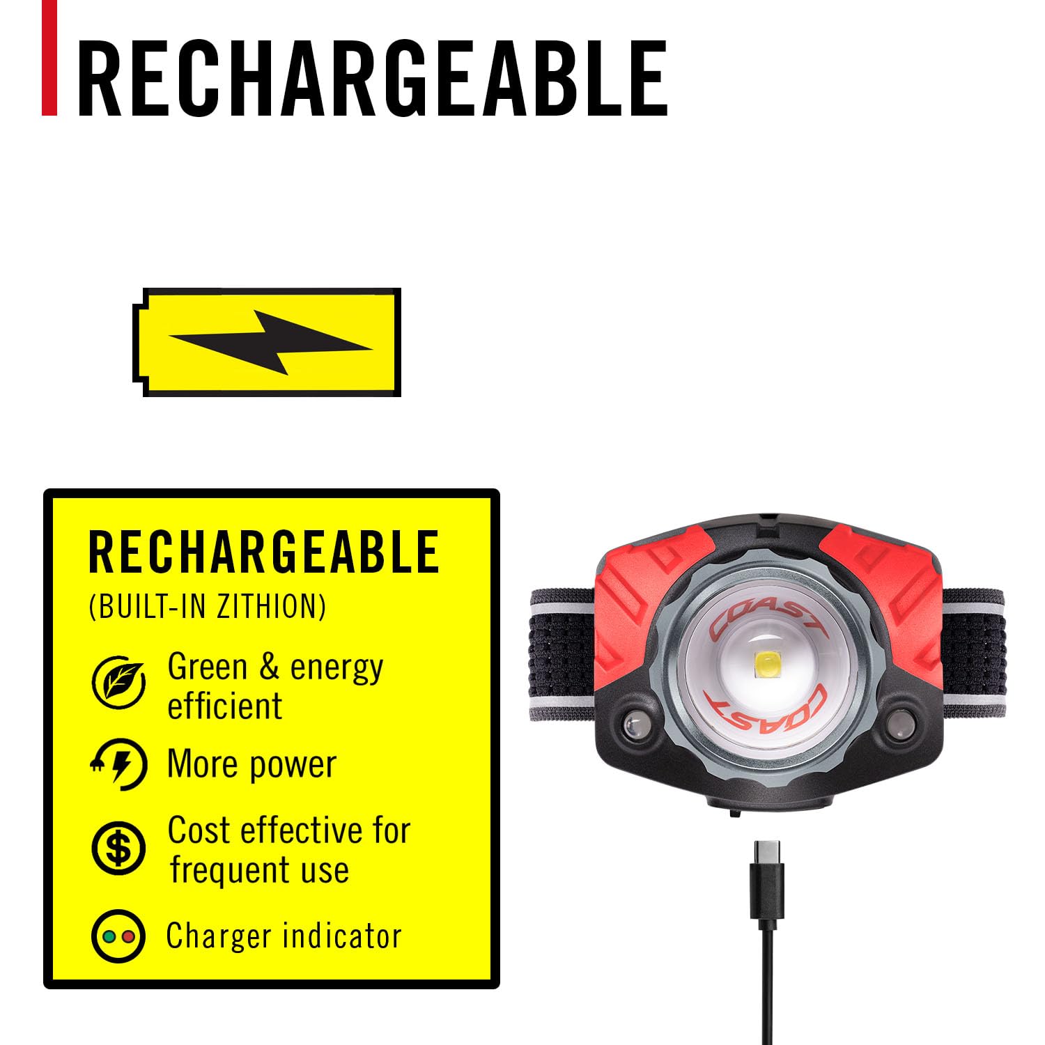 Coast FL85R USB charging cable keeps power on the go.