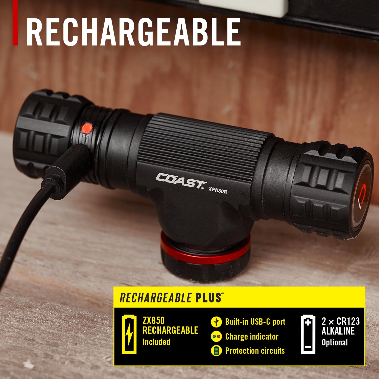 Coast XPH30R magnetic base supports hands-free use on metal.