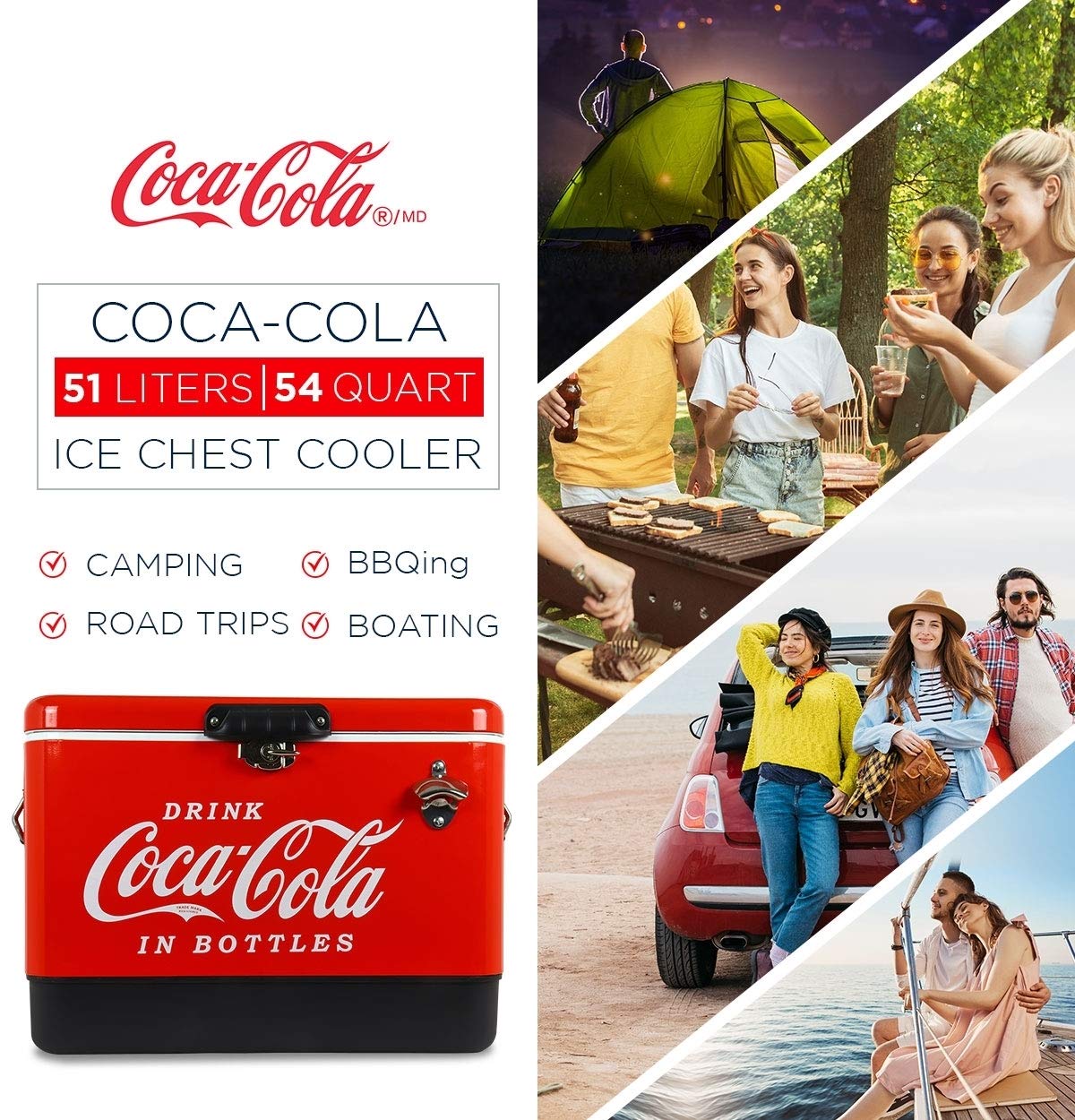 Coca-Cola Ice Chest Cooler in camping setup demonstrates off-grid cooling for picnics.