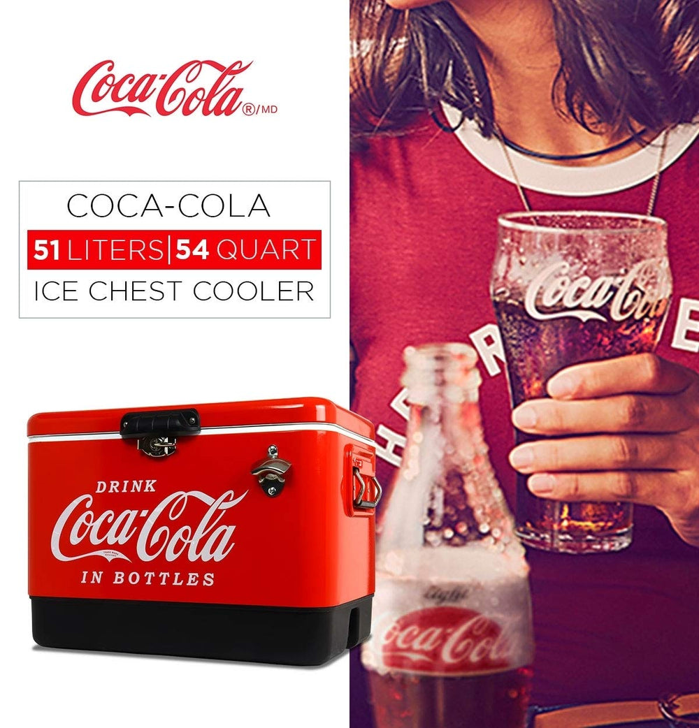 Coca-Cola Ice Chest Cooler front view, rugged exterior ready for camping and beach days.