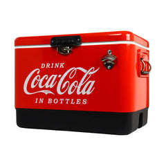 Coca-Cola Ice Chest Cooler with lid open, spacious interior for beverages during outdoor trips.