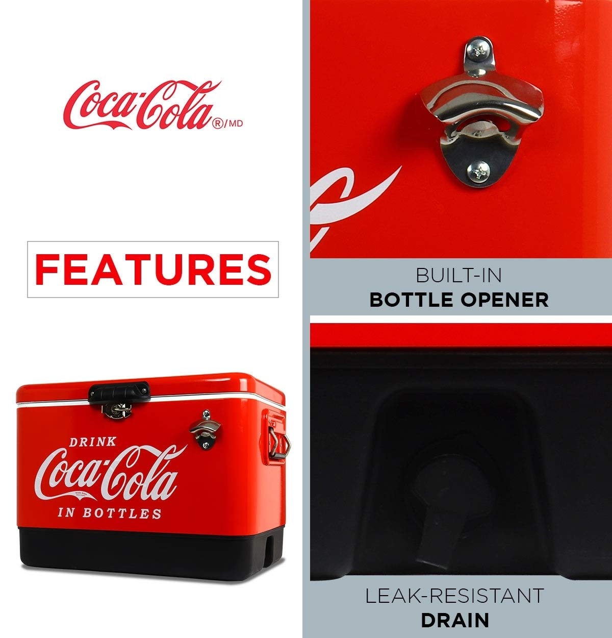 Coca-Cola Ice Chest rust-resistant exterior stands up to rugged outdoor environments.