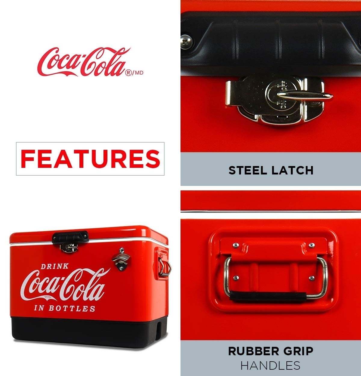 Coca-Cola Ice Chest with attached bottle opener convenient for quick drinks.