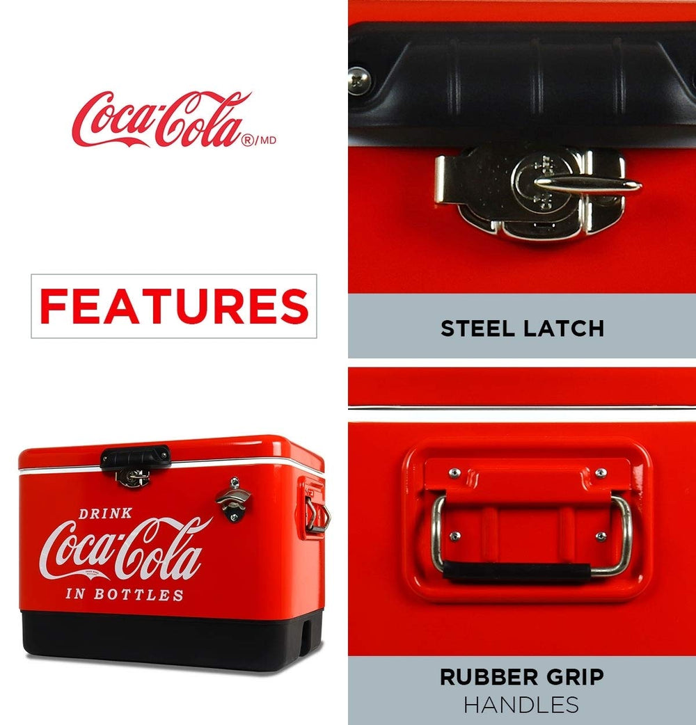 Coca-Cola Ice Chest with attached bottle opener convenient for quick drinks.