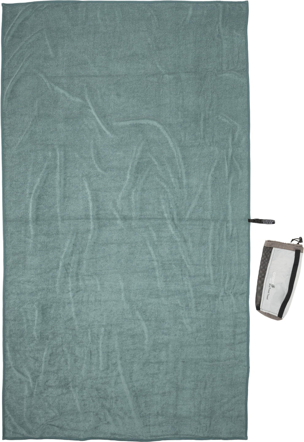 COCOON Eco Trek Towel Nile Green XL packed in a recycled sack for eco-friendly travel