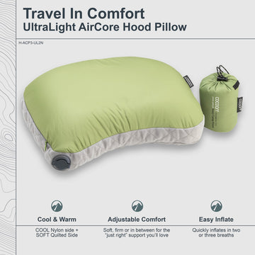 COCOON AirCore hood pillow fits mummy bags for snug head support.