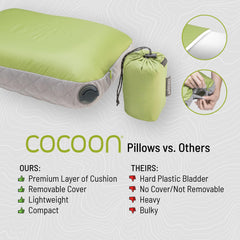 COCOON premium pillow packed compactly for easy backpacking and storage.