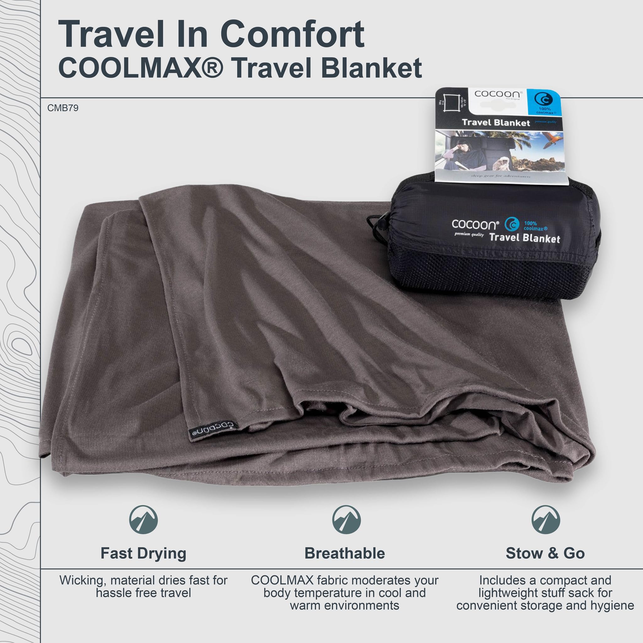 COCOON Premium Coolmax Travel Blanket charcoal stuff sack supports hygienic, compact storage