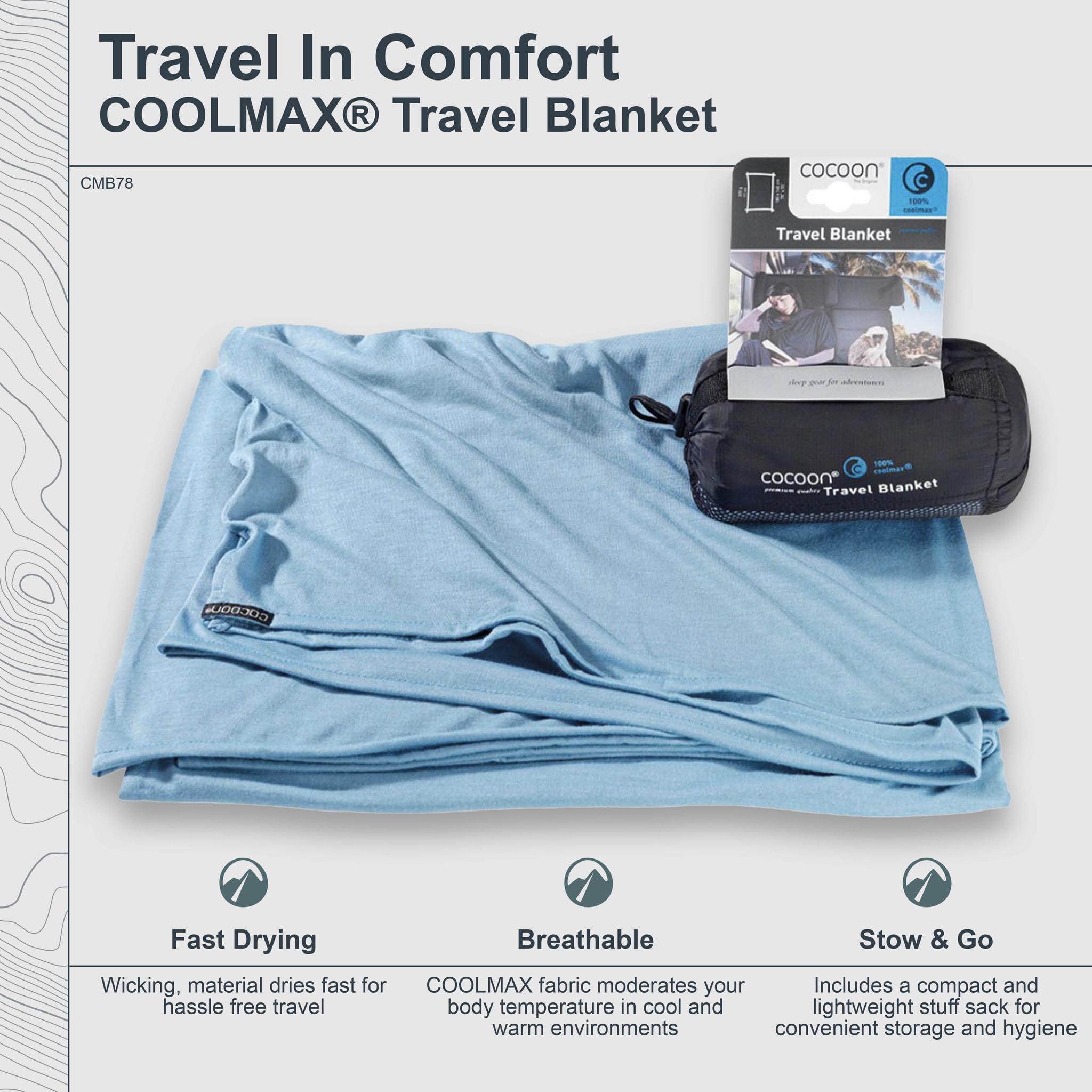 COCOON Premium travel blanket close-up shows breathable COOLMAX fabric for temperature balance.