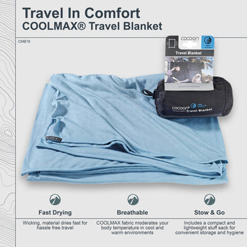 COCOON Premium travel blanket close-up shows breathable COOLMAX fabric for temperature balance.