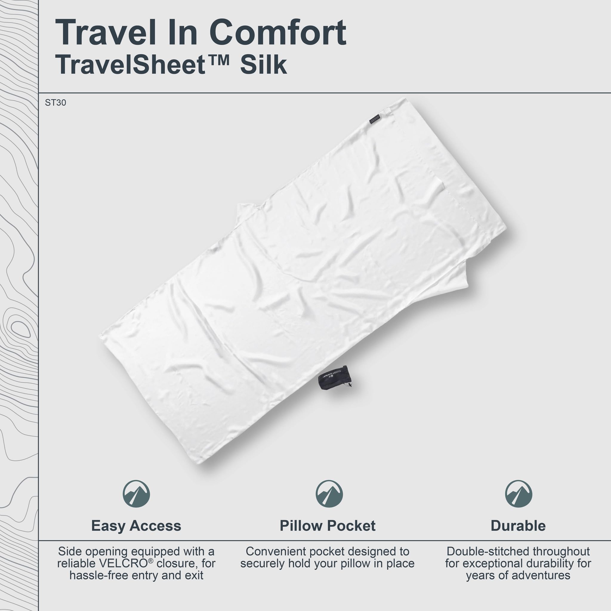 COCOON Silk TravelSheet Natural pillow-pocket secures your pillow for restful travel.