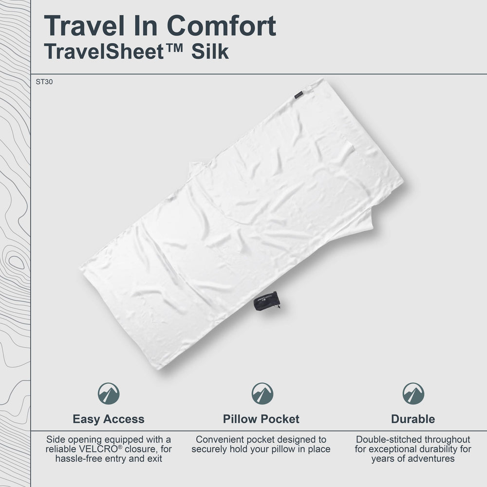 COCOON Silk TravelSheet Natural pillow-pocket secures your pillow for restful travel.