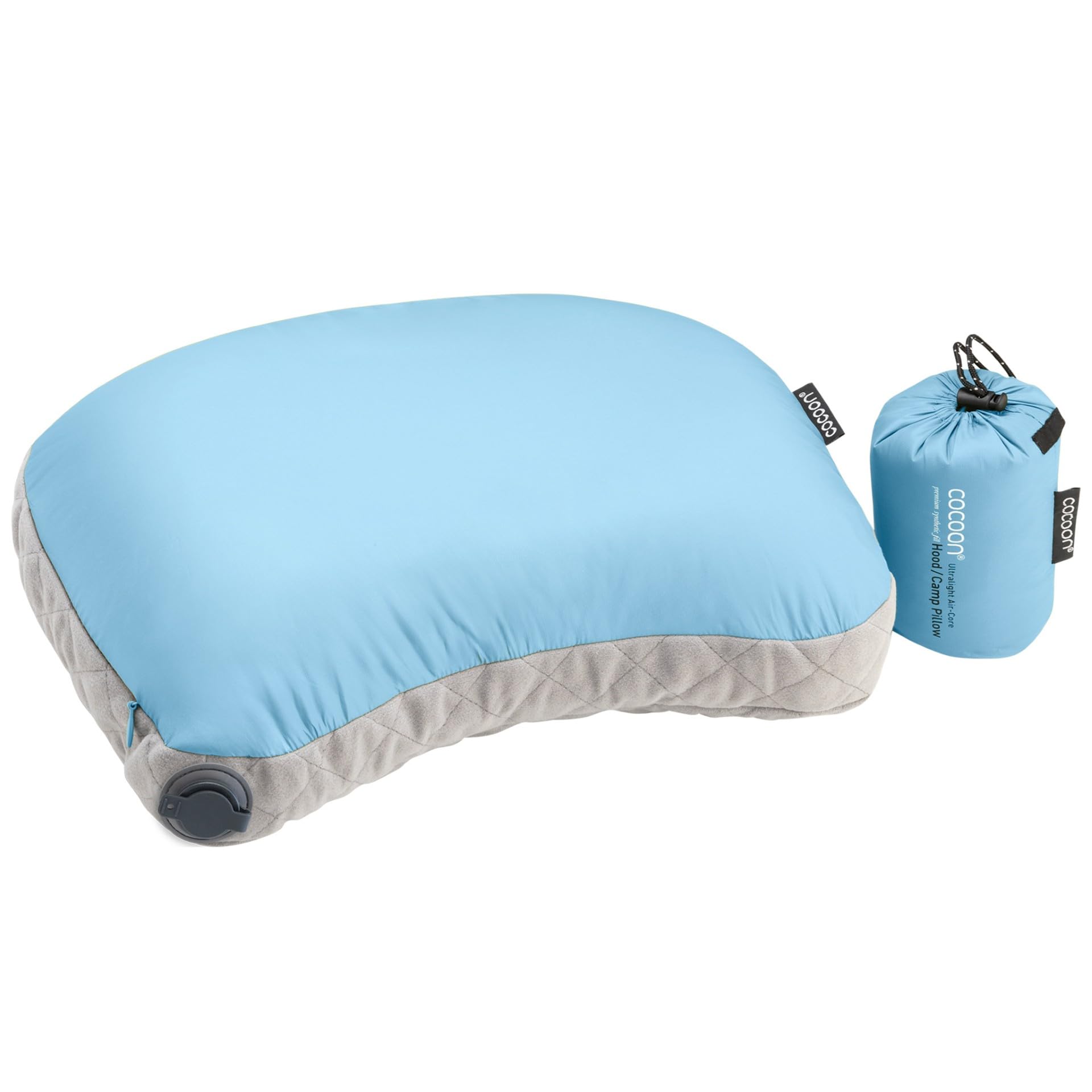 COCOON Ultralight AirCore Hood Pillow with soft quilted surface in light blue.