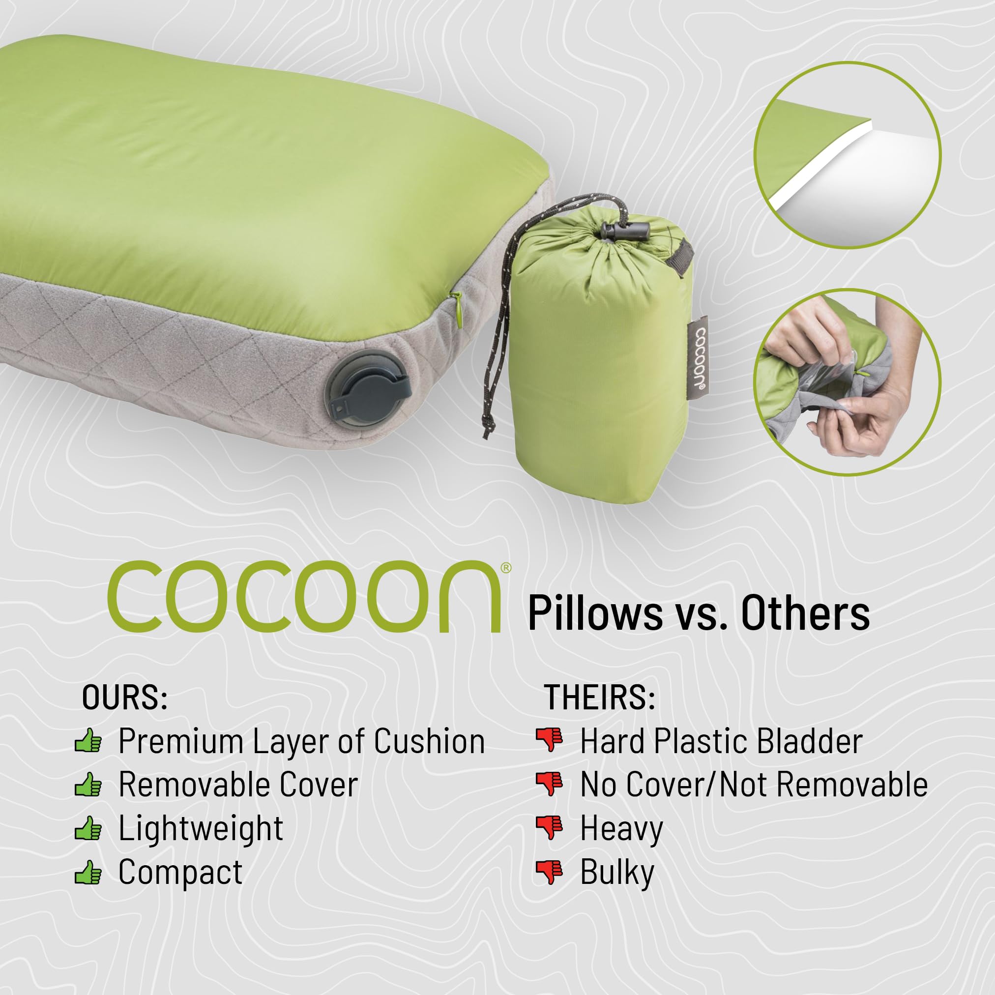 COCOON Ultralight AirCore Pillow tucked inside a mummy bag hood for neck support.