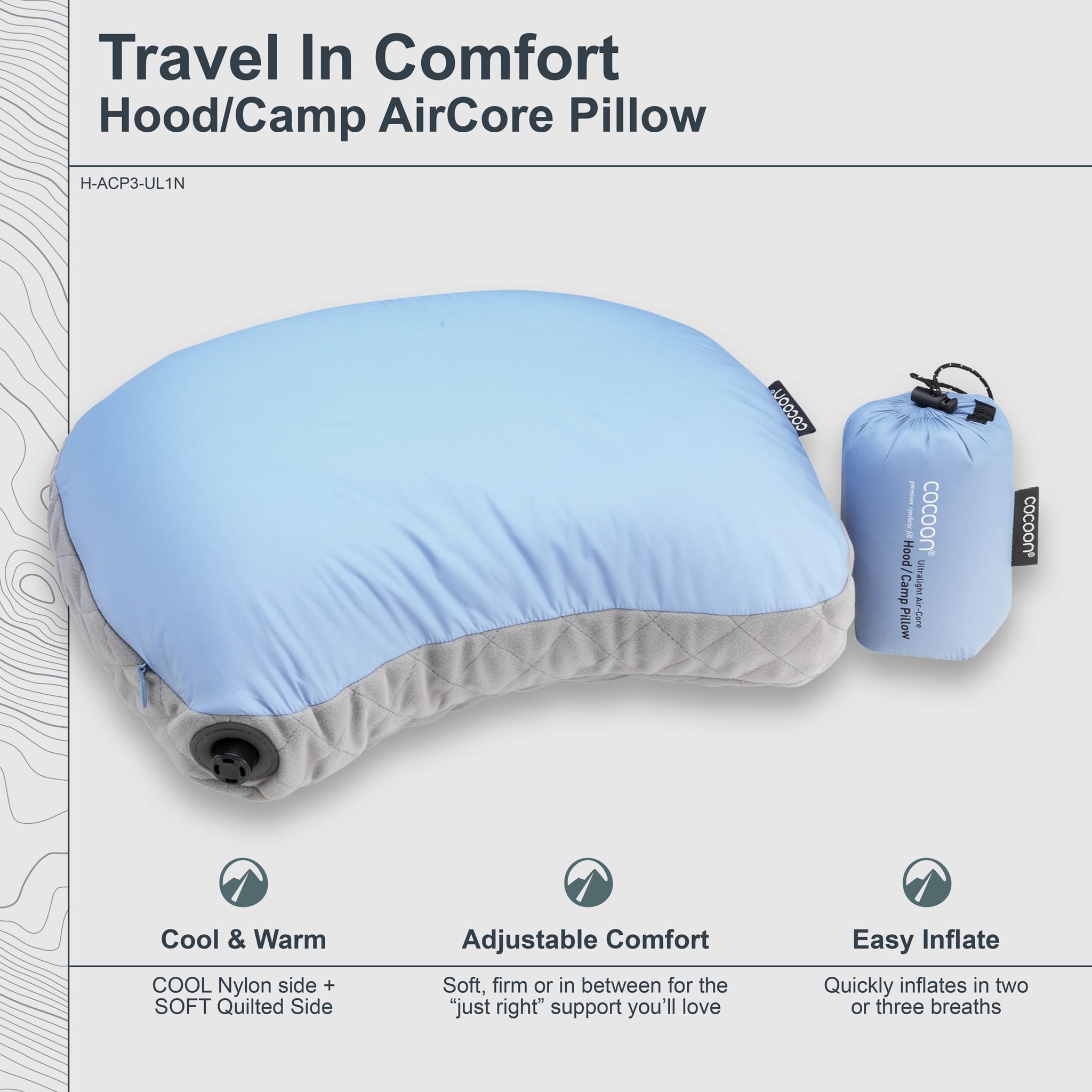 COCOON pillow on a sleeping bag setup demonstrating dual-sided fabric for temperature comfort.
