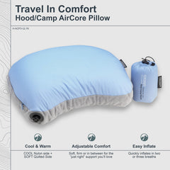 COCOON pillow on a sleeping bag setup demonstrating dual-sided fabric for temperature comfort.